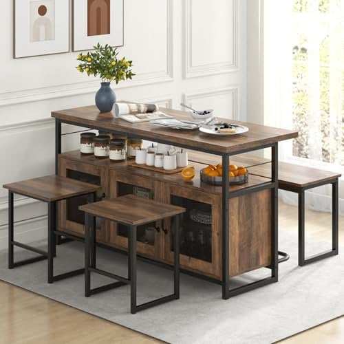COSTWAY 4 Piece Dining Table Set, Kitchen Table and 2 Stools Set with 1 Bench, Cabinets, 3-Position Adjustable Shelves & Footrest, Dining Room Furniture for Home Restaurant