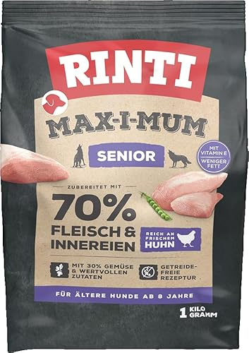 RINTI - Max-i-Mum Senior | Trockenfutter für ältere Hunde ab 8 Jahren mit 70% Fleisch & Innereien. Getreidefreies Alleinfutter mit ausgewogenem Protein-/Fett-Verhältnis | 7x1kg Huhn