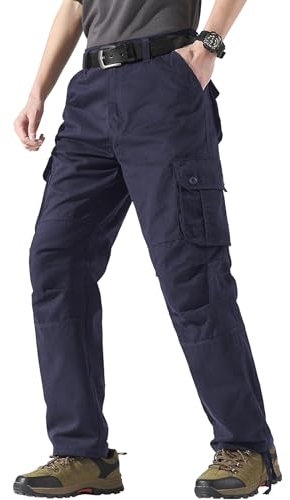 Misfuso Pantalon Cargo Homme en Coton Pantalon de Travail avec Plusieur Poches Ample Fit Bleu Foncé 3XL