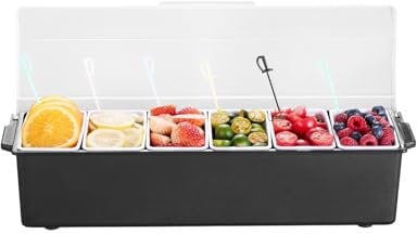 VEVOR Chilled Condiment Server, 6 Compartment Ice Cooled Condiment Serving Container, Chilled Garnish Tray Bar Caddy with Lid, for Bartending & Serving Taco, Salad, Fruit, Home & Restaurant Supplies