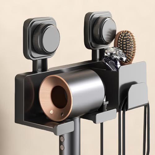 STFALI Fönhalter Ohne Bohren, Föhn Halterung mit Fächern Aufbewahrung und Kabelhaler, Saugnapfe Klebstoff Wanddesign Erfordert Kein Lochstempel
