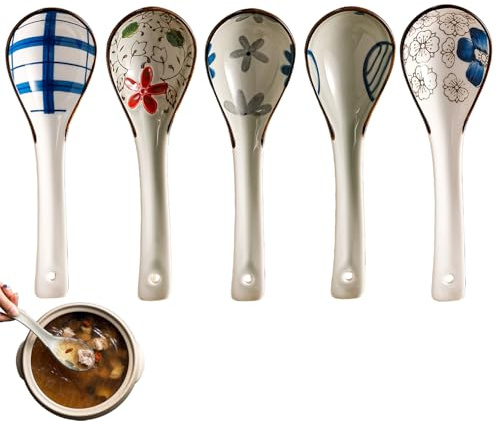 5 Piezas Cucharas De Sopa China Creativo, Cucharas Para Sopa De Cerámica, Cucharas De Vajilla Asiáticas, Asiática Cucharas Ramen, Cubertería Para Wonton, Dumpling, Pasta