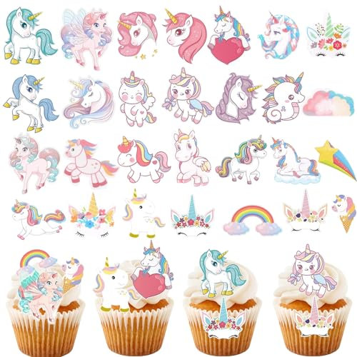 Affivia 80 Stück Einhorn Tortendeko Essbar,Einhorn Deko Kindergeburtstag,Einhörner Esspapier für Torte,Unicorn Essbare Tortendeko,Regenbogen Kuchendeko Mädchen,Baby Shower,Kinder Geburtstag Party Deko