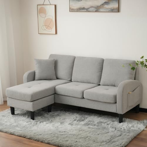 Zubaliya Ecksofa in L-Form mit Ottomane, 3-Sitzer-Sofa, 166 x 118 x 77 cm, atmungsaktiver Stoff aus Baumwolle und Leinen, Füße aus Kunststoff, ideal für Wohnzimmer, Wohnungen und Büros (Grau)