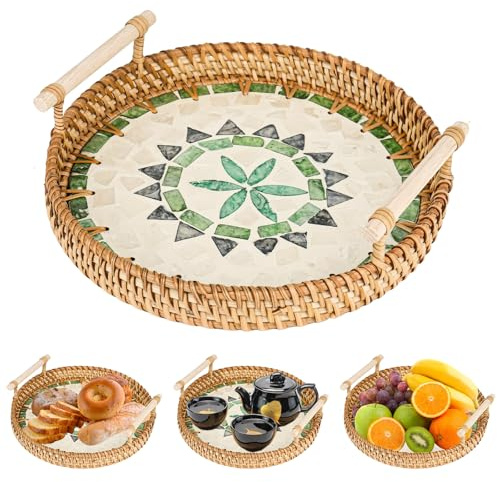 Rattan Serviertablett mit Griffen, Handgewebtes Küchentablett Deko Tablett Rund Aufbewahrungsplatten,Vintage Tablett aus Rattan mit Muschel Mosaik für Getränke, Snacks, Desserts, Brot