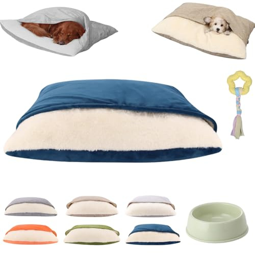 Snoozie Snuggle Burrow Bett, Snuggleburrow Beruhigende Hundehöhle mit ultraweichem integriertem Bezug, weiche quadratische Plüsch-Kapuzenmatten, abnehmbare, waschbare Polstertaschen für Haustiere (A