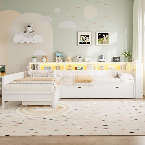 90x200 Holz-Plattformbett in L-Form mit Ausziehbett und Schublade, Weiß