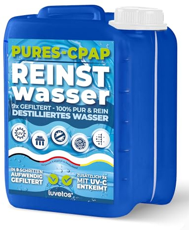 Luvetos 2.5L CPAP Wasser 100% Reinstwasser Pure Water in Kanister | | mehrfach gefiltertes Destilliertes Wasser, 3x UV C behandelt für CPAP, Vernebler, Luftbefeuchter, Kosmetik DIY Rezepturen