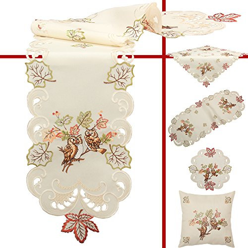 Quinnyshop - Eulen Blatt Stickerei Tischdeckchen Tischläufer ca. 30 x 45 cm Oval Leinen-Optik Polyester, Crème/Ecru