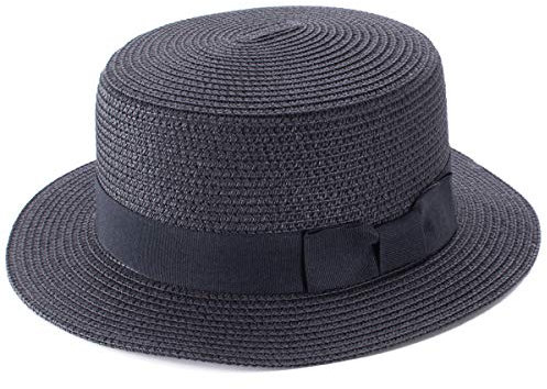 Lawliet Lady Boater Sun Caps Ribbon Round Flat Top Straw Beach Hat Summer Hats for Women (Black)(Size: One Size)