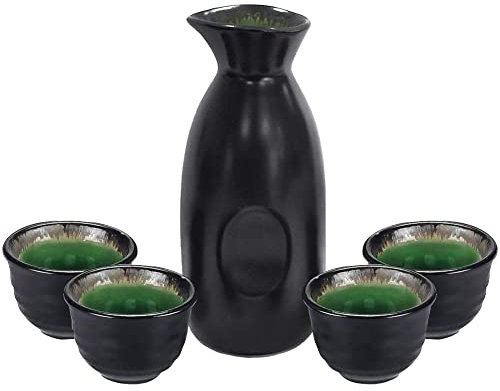 Sake-Set, traditionelles japanisches Sake-Becher-Set, handbemalt, Tassen aus Keramik, Handarbeit, Weingläser, 5 Stück Black Classic