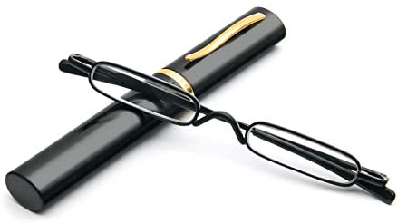 KoKoBin Mini Schmal Lesebrille Federscharnier Metall Lesehilfe Unisex-Sehhilfe mit Etui(Schwarz,+2.5)