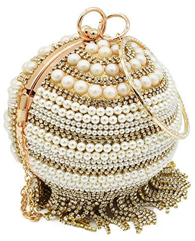 Boutique De FGG Damen Formelle Clutch, Runde Kugel, Kristall, Hochzeit, Party, Quaste, Strass, Gold#0890, S