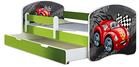 ACMA Kinderbett Jugendbett mit Einer Schublade und Matratze Grün mit Rausfallschutz Lattenrost II 140x70 160x80 180x80 (05 Rote Auto, 180x80 + Bettkasten)