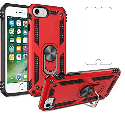 Phone Case for iPhone SE 2020/2022 with Tempered Glass Screen Protector Stand Ring Holder Shockproof Heavy Duty Accessories Rugged Metal iPhoneSE 2/2nd/3/3rd Generation i SE 2020 SE 2022 SE2 SE3 Red