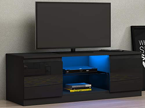 Panana Modern TV Unit Cabinet Stand Sideboard High Gloss Doors with LED Lights Glass Shelf,120cm*40cm*40cm (Black, With LED)