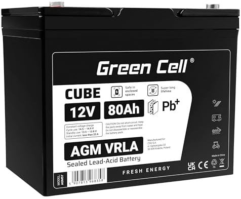 Green Cell Batería Plomo AGM VRLA 80Ah 12V Sin Mantenimiento para Autocaravana, Bote, Carrito de Golf, Fotovoltaico, Solar, Panel Solar, Vehículos eléctricos, ATV, Hogar, Barco