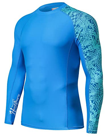 HUGE SPORTS Herren Spleiß Rashguard Langarm Rash Guard Shirt Wasser alle Outdoor Aktivitäten Surfen Schwimmen Blau Digital 2XL