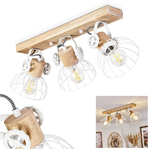 Deckenleuchte Orny, Deckenlampe im Vintage-Design aus Holz/Metall in Natur/Weiß m. Schirmen in Gitter-Optik, Leuchte m. Holzbalken, Textilkabeln u. verstellbaren Strahlern, 3 x E27, ohne Leuchtmittel