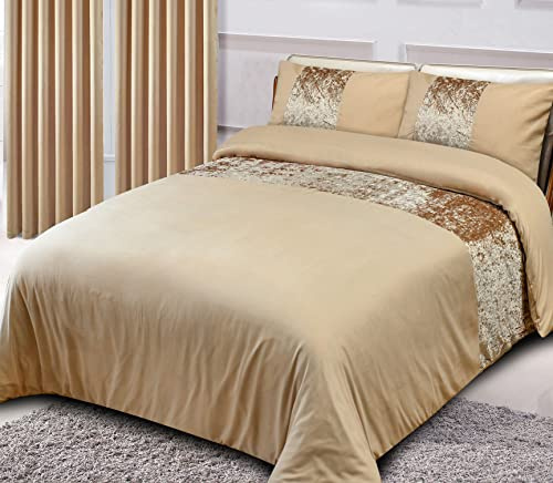 CHARKHAH Champagne Gold Crushed Velvet Duvet Cover Set Super King Size with Panel Band Design, Luxury Soft Breathable Bedding Set with Matching Pillowcases
