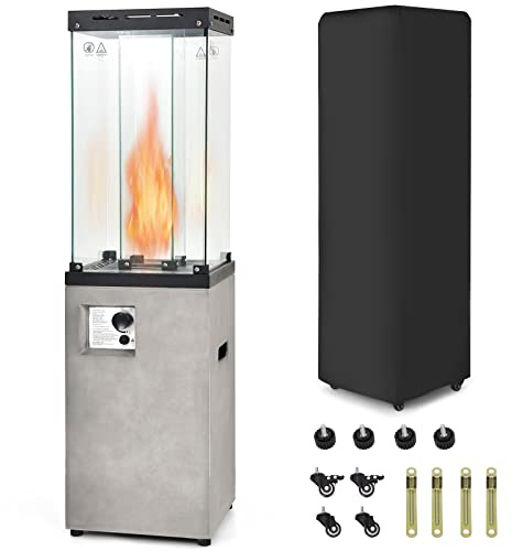 COSTWAY Outdoor Gas Patio Heater, 12 KW Flame Adjustment Portable Propane Fireplace with Lockable Wheels & Waterproof Cover, Real Flame Standing Floor Heater for Garden Camp BBQ Parties (Light Grey)