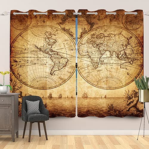 SDOTPMT 107x215cm Mondo Cartina Tenda finestra Vecchio Carta geografica Storico Geografia Educativo Tende finestre Annata Nostalgico Tende opache Camera da letto Tende Oscuramento, 2 Pannelli