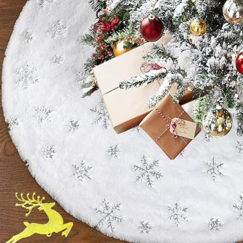 Gohist Weihnachtsbaum Rock Weihnachtsbaumdecke Rund Weihnachtsbaum Decke Groß Fell Christbaumdecke Christbaumständer Teppich Baumdecke Weihnachtsbaum Deko(90 cm Silber)
