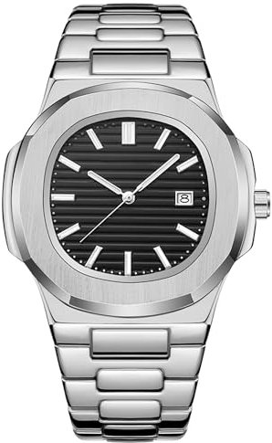 BARAMON Nautilus Armbanduhren für Herren, Edelstahl, Quarzwerk, Datum, Luxus-Stil, leuchtende Zeiger, legere Business-Uhren, Silver1, Quarz-Uhrwerk