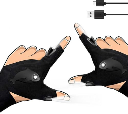 LOUISWARE LED Rechargeable Flashlight Gloves, Gifts for Men, Father's Day Gifts for Dad, Cool Stretchy Fingerless Light Gloves Gadget for Repairing Fishing Camping and Car Repairing, 1 Pair