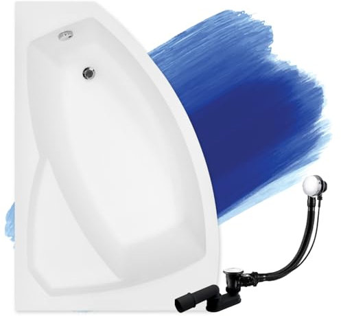 Baignoire d'angle Rima d'origine blanche en acrylique 140 x 90 cm, kit complet avec pieds et bonde automatique exclusive chromée, fabriquée en UE, 3 en 1