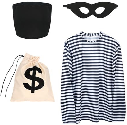 Boland 01415 - Kostüm Set Einbrecher, Shirt, Hut, Maske und Tasche, Räuber Kostüm für Erwachsene, Häftling, Kostüm für JGA oder Karneval