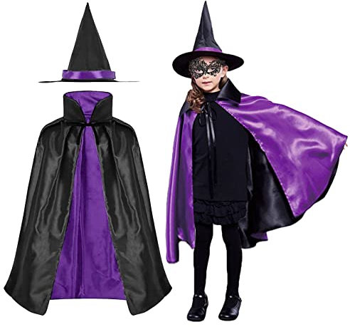MIVAIUN Mantello con Cappuccio, Mantella a Doppio Strato, Viola e Nero, Set di Cappelli da Mago del Mantello, per Bambino, Adulto, Taglia unica, per Halloween Carnevale Strega Diavolo Vampiro (viola)