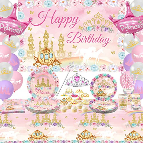 Ywediim Fournitures de fête de princesse, comprend bannière, assiette, du tulle, ballons, serviettes, nappe, décorations de fête d'anniversaire filles pour 20 invités (style a)