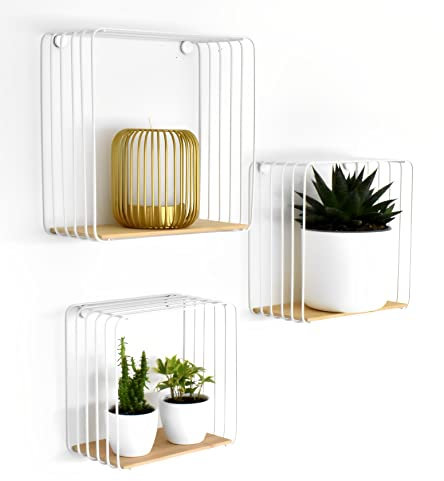 Galeara Design Wandregal Set CAVOO - 3 Stück Metall Schwarz oder Weiß mit Bambusholz - Leicht zu Hängen, Deko Regal (Weiß)