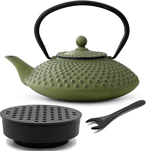 Bredemeijer Guss-Teekanne Set 1.25 Liter - grüner flacher asiatischer Teekessel mit Edelstahl Tee-Filter Sieb-Einsatz für losen Tee & Teewärmer & Deckelheber
