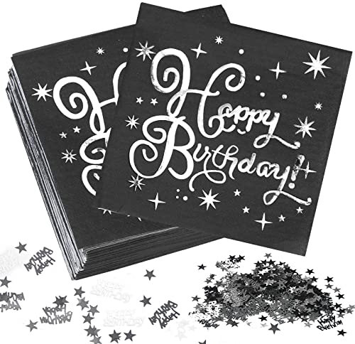 Servietten Silber Schwarz, 40 Stück Servietten Geburtstag Happy Birthday Paper Napkins, 33x33cm Schwarz Silber Deko Papierservietten für Junge Mädchen Geburtstag Party Deko