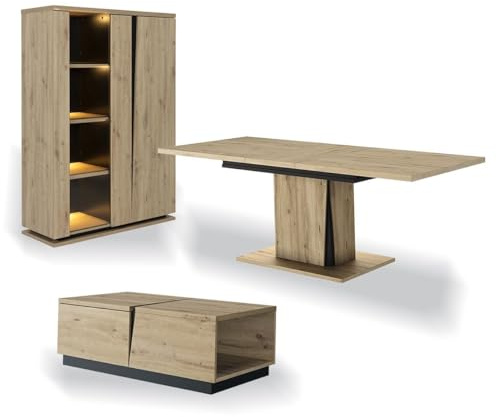 Ensemble vaisselier 2 portes avec éclairage avec table à manger extensible et table basse 1 tiroir Crack - Fabrication Française