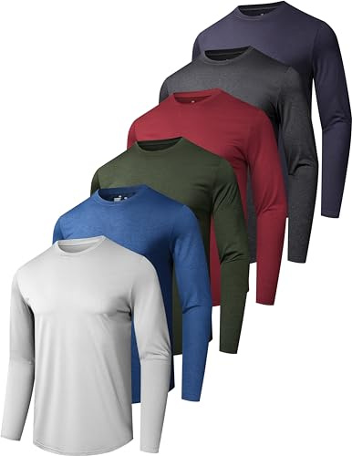 6er-Pack schnelltrocknende Langarm-Shirts für Herren, LSF 50+, UV-Sonnenschutz, LSF, feuchtigkeitsableitendes T-Shirt für lässiges Training, Schwarz/Grün/Blau/Hellgrau/Rot/Dunkelgrau (6er-Pack