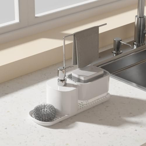 MATE HOME Dosificador Jabon Cocina, dispensador jabon Organizador de Fregadero con Bandeja y Soporte para Esponja, detergente Cocina Recargable,Dispensadores de Bomba de jabón y Porta esponjas