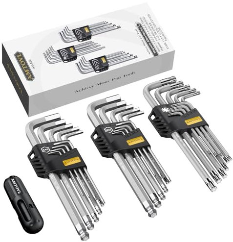 AMTOVL 27PCS Juego de Llaves Hexagonales Magnéticas de Acero S2 Llaves Allen y Llaves de Estrella con Mango en T Extremo de Bola Extra Largo SAE (1/16-3/8) Métrico (1.5mm-10mm) Estrella (T10-T50)
