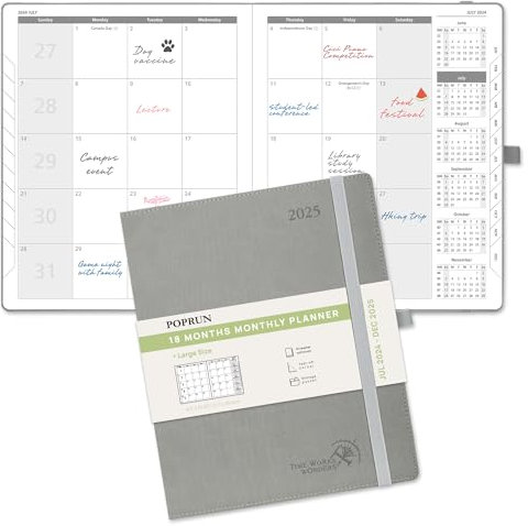 POPRUN Monatsplaner 2024-2025 (21,6 x 26,7 cm), 18-Monate-Kalenderbuch (Jul.2024-Dce.2025) Softcover, Kalenderplaner mit Monats-Registern & Tasche, 100 g/m² Papier - Grau