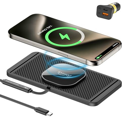 Polmxs Magnetic Wireless Car Charger, 15W Wireless Charging Pad for Magsafe Car Charger USB C Non Slip Car Phone Charging Mat for iPhone 16/15/14/13/12, Airpods (30CM Cable)