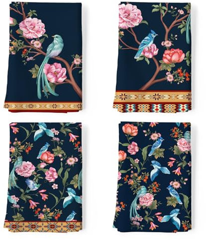 Arquiel Küchentücher Baumwolle 4 Stück, Geschirrtücher 100% Baumwolle Retro-Blumen Vögel Küchenhandtuch Set Multi-Purpose Hochwertige Küche Trockentuch Bar Handtücher 48 x 70CM