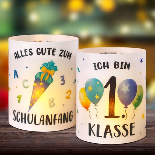 BETESSIN 12 Windlicht Tischdeko Einschulung Schulkind Teelichter Mädchen Junge Blau Windlichter Alles Gute zum Schulanfang Lichthülle Mini Kerze Deko 1. Schultag Einschulungsparty für Teelichter