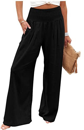 KONG JIMFAN Stoffhose Damen Leinenhose Damen 7/8 Schwarz Hosenanzug Sportlich Lässig Wide Leg Pants Women Plus Size Weiße Leinenhose Damen 7/8 Sweatpants Damen Yogahose Damen Lang(Schwarz,XXL)