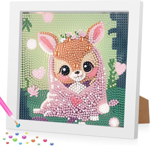 Diamond Painting Kinder mit Rahmen, 5D Reh Diamant Painting Bilder Kinder, DlY Cartoon Diamond Painting Set, Geeignet für dieMobeldekoration 18x18cm