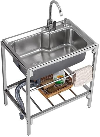 Kleines Spülbecken für Garten Freien, Einzeltrog zum Waschen, Edelstahl-Waschbecken Ausgussbecken für die Küche mit Ablage und Wasserhahn, für Restaurant, Bar, Waschküche, Garage, Hinterhof(23.6*17.7*