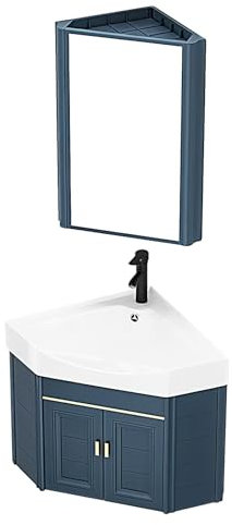 Mueble de tocador de baño de esquina con fregadero de cerámica y espejo, para espacios pequeños, tamaño de 47 cm