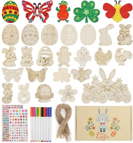 ANTROBIN Bastelset Ostern, HolzanhäNger Ostern Zum Bemalen, Ostern Basteln Kinder Diy Ostereier Hasen Huhn Blume AnhäNger Set Mit Aquarellstift, Schnur, Pinsel, Ostern Geschenke fur Kinder