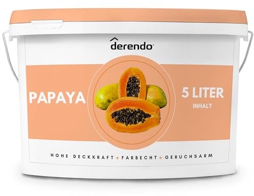 derendo Exklusive Wandfarbe orange 5L, hohe Deckkraft, Dispersionsfarbe innen, Innenwandfarbe Raumfarbe Papaya, Deckkraftklasse 2, hochdeckende Innenfarbe Profi Qualität
